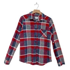 RVCA Pops Shirt Womens Medium Red Checks Plaid Washed Long Sleeve Button Cotton